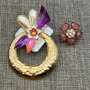 Earring Lot As Is Gold Hammered Hoop Flower Purple Pink Flower DIY Craft Upcycle